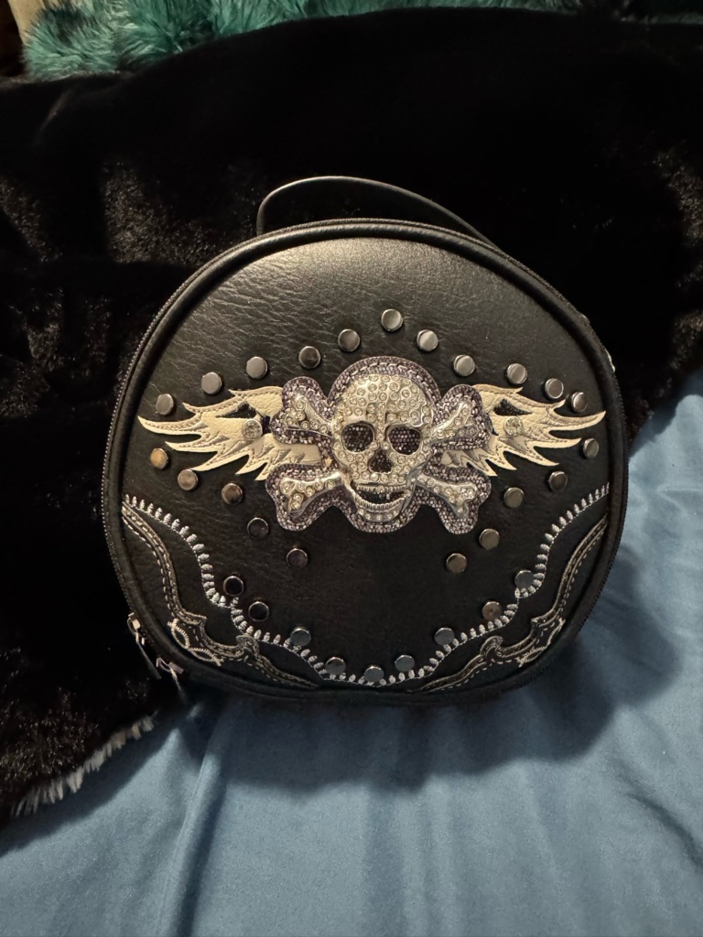 Black Round Skull Embellished Backpack